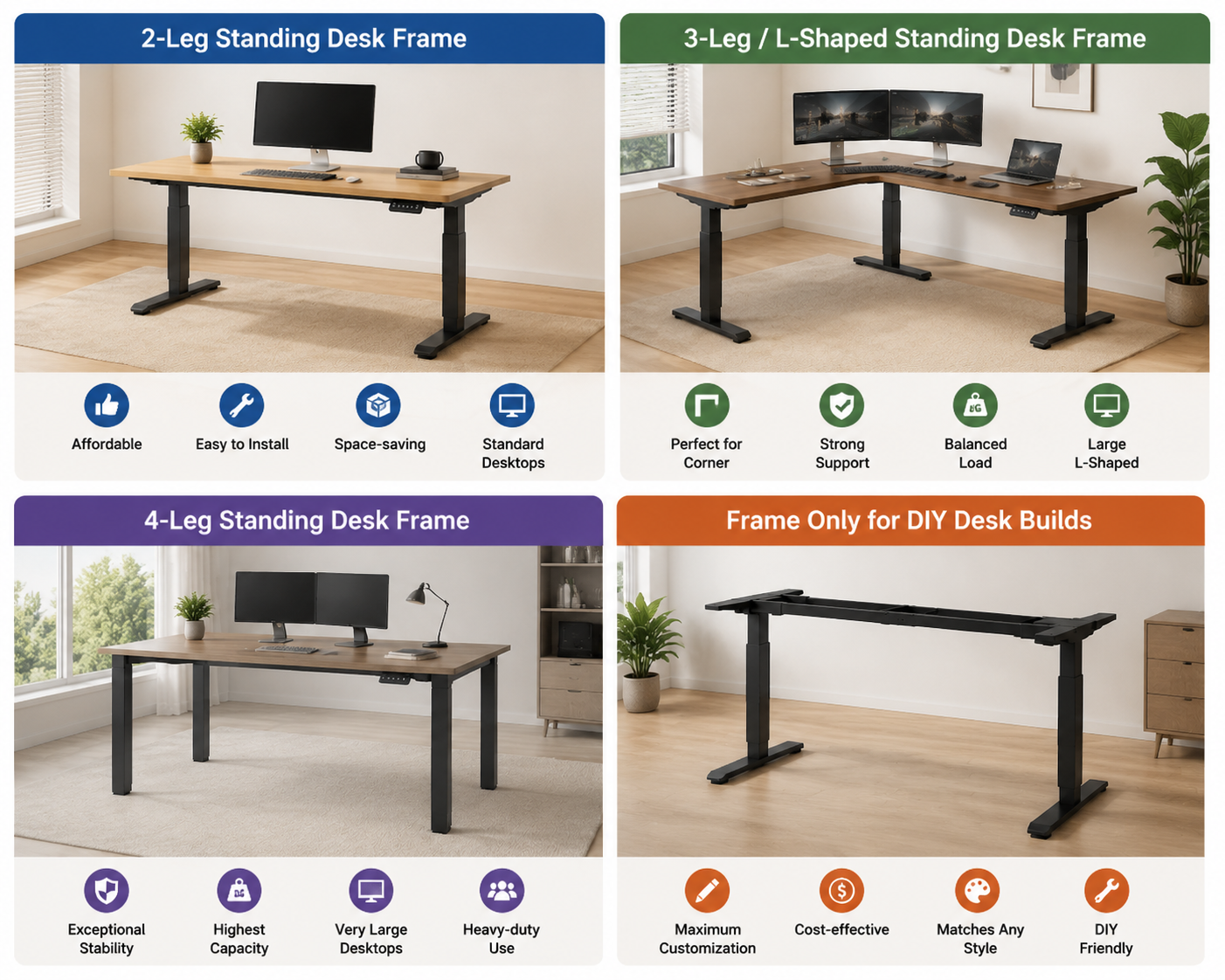 Diffreent types of standing desk frame Verschiedene Arten von Stehpultgestellen