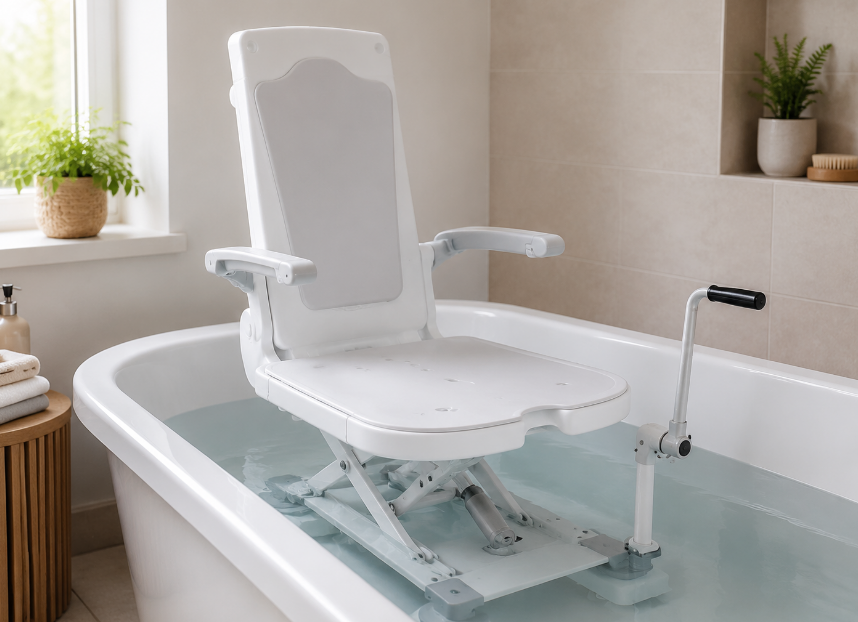 Manual bath lift in the bathtub Manueller Badewannenlift in der Badewanne