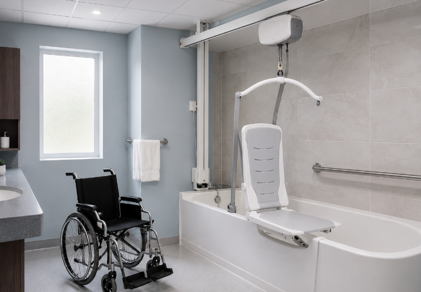 Wall-mounted bath lift in the bathtub Wandmontierter Badewannenlift in der Badewanne