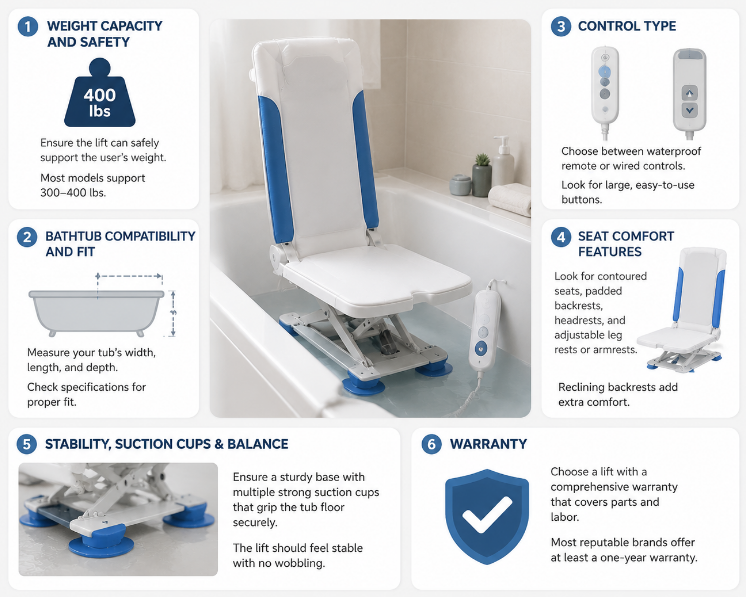 factors of choosing the right bath lift Faktoren bei der Auswahl des richtigen Badewannenlifts